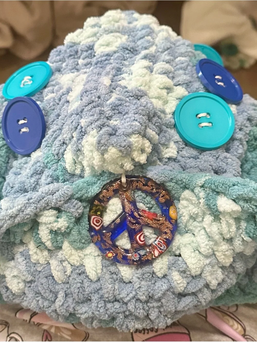 Chunky Knit Peace Sign Bucket Hat Variegated Aqua Blue Marled Festival